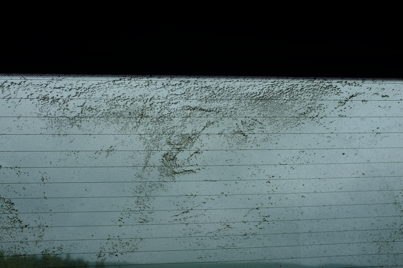 A dusty rear windscreen pictured from inside a car