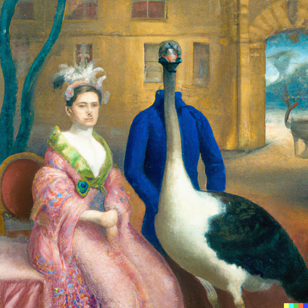 DALL-E 2 model generated image of Empress Josephine, Napoleon and an emu, in which Napoleon and the emu merge.