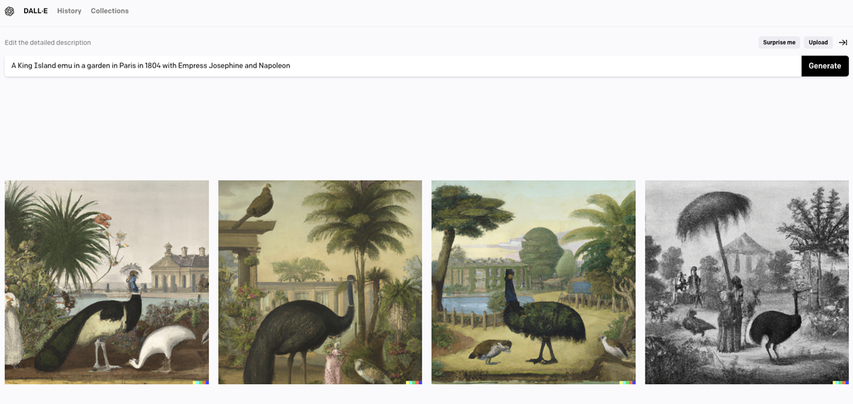 Image of dwarf emus in a garden in paris, generated by DALLE-2