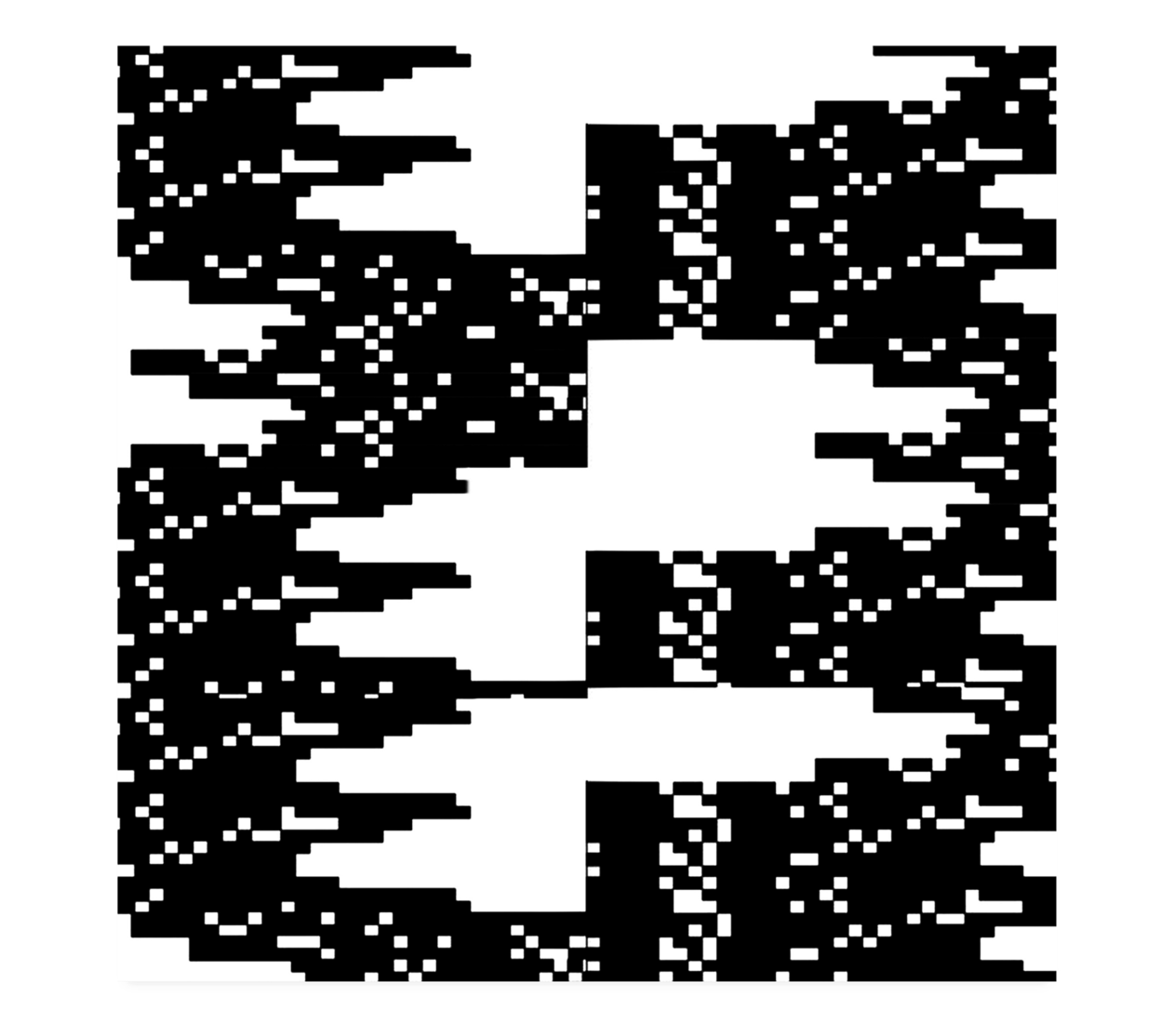 Dense black-and-white field composed of repeating rectangular modules forming a continuous, symmetrical grid.