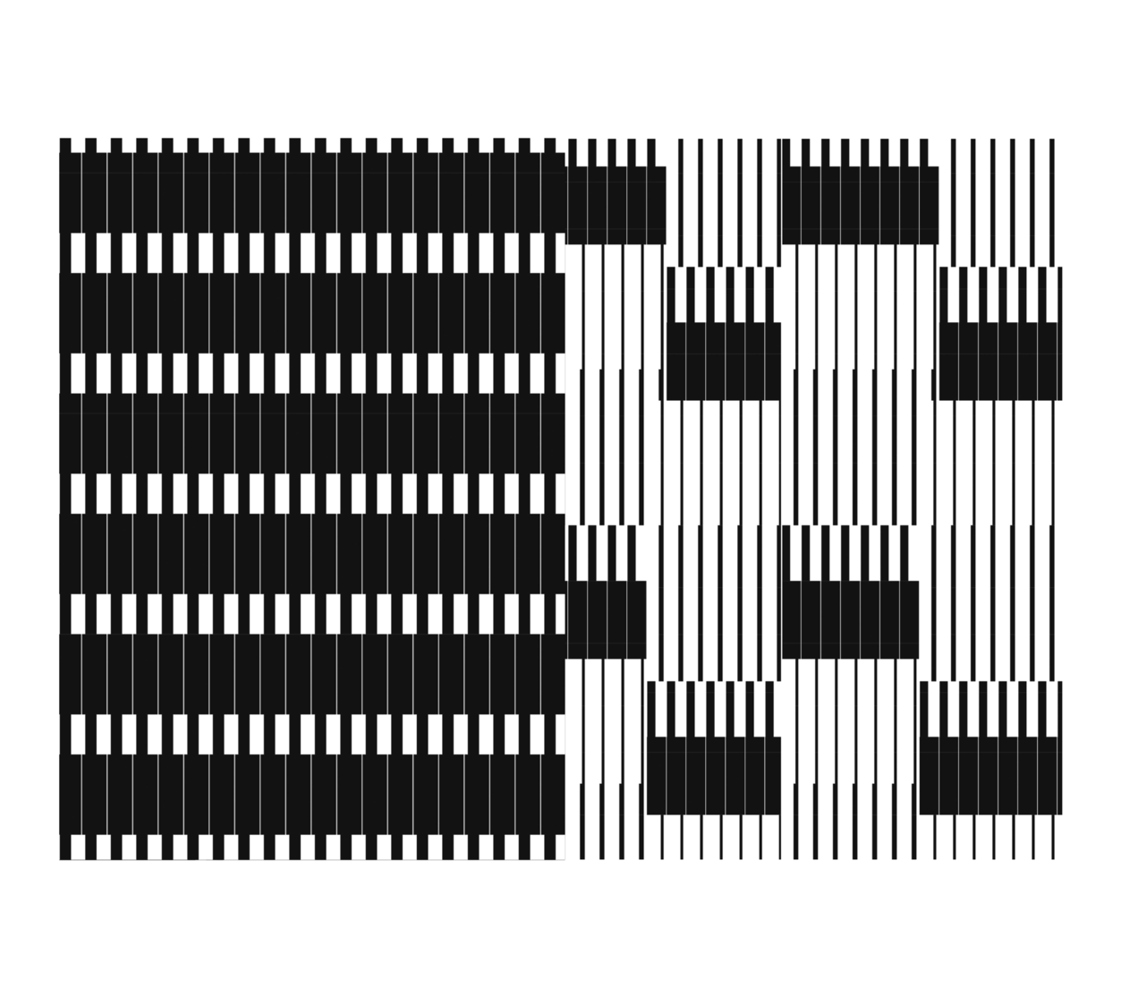 Black-and-white modular pattern showing a repeated grid system with controlled variations in density and alignment.