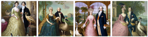 Oil painting like images of people whose features are not quite right and birds that look like ducks and emus