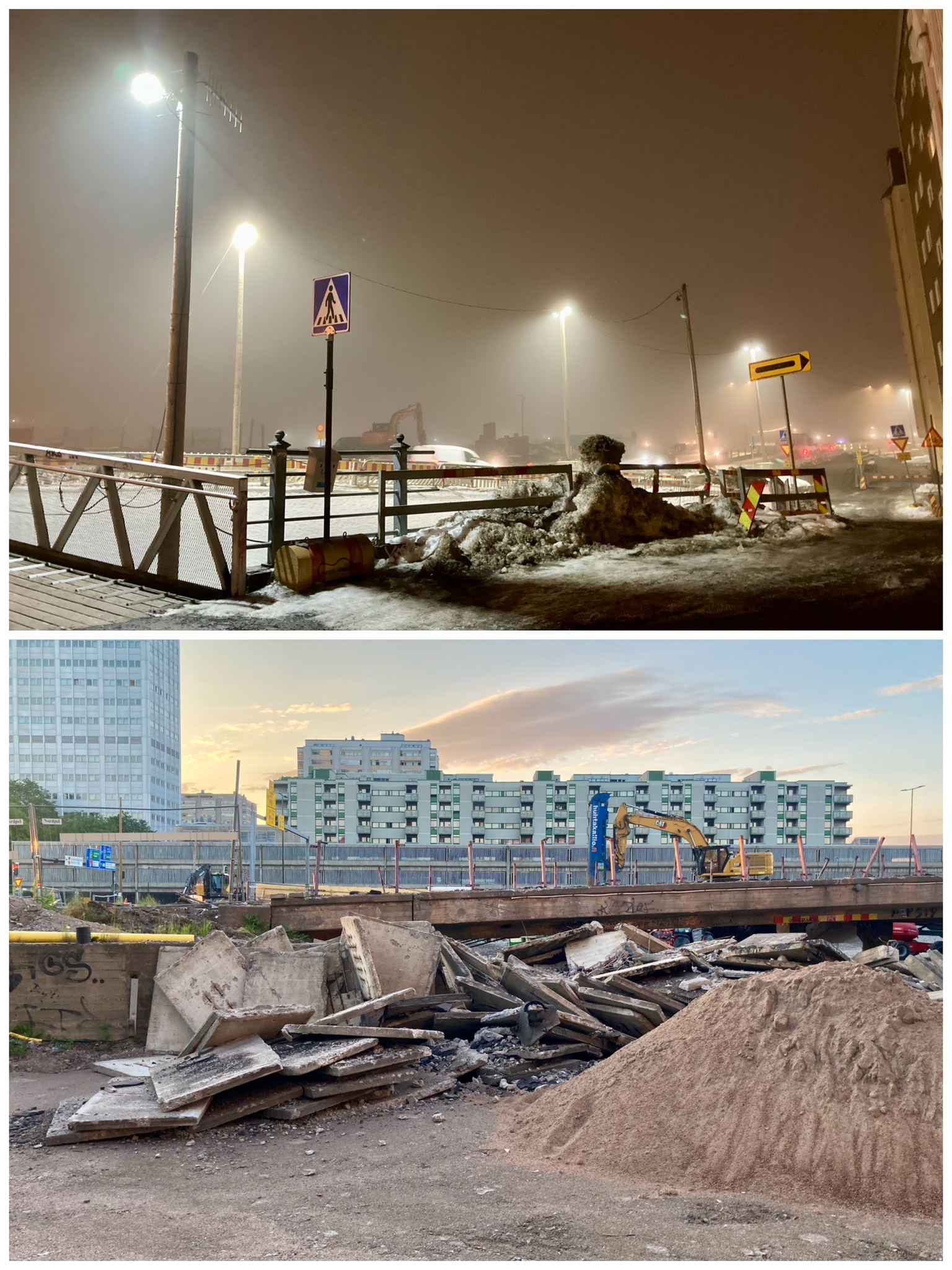 A photographic diptych with a picture of a foggy street at night in winter above and a picture of roadworks in the city in the morning below.