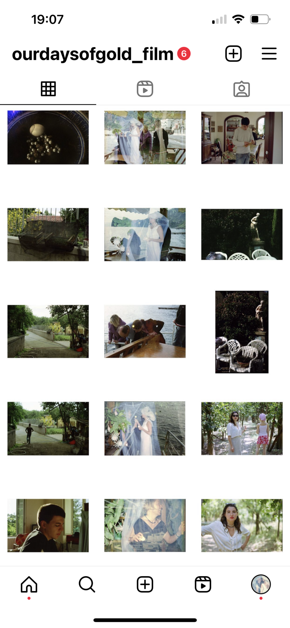 This is a screenshot of the Instagram account @ourdaysofgold_film showing a section of its grid. The grid contains 12 square-format images arranged in four rows of three. The images include photographs of people indoors and outdoors, overlapping double exposures, statues, chairs, and close-ups of individuals. The Instagram interface elements are visible: the username at the top, notification icons, navigation bar at the bottom, and six new notifications marked in red next to the account name.