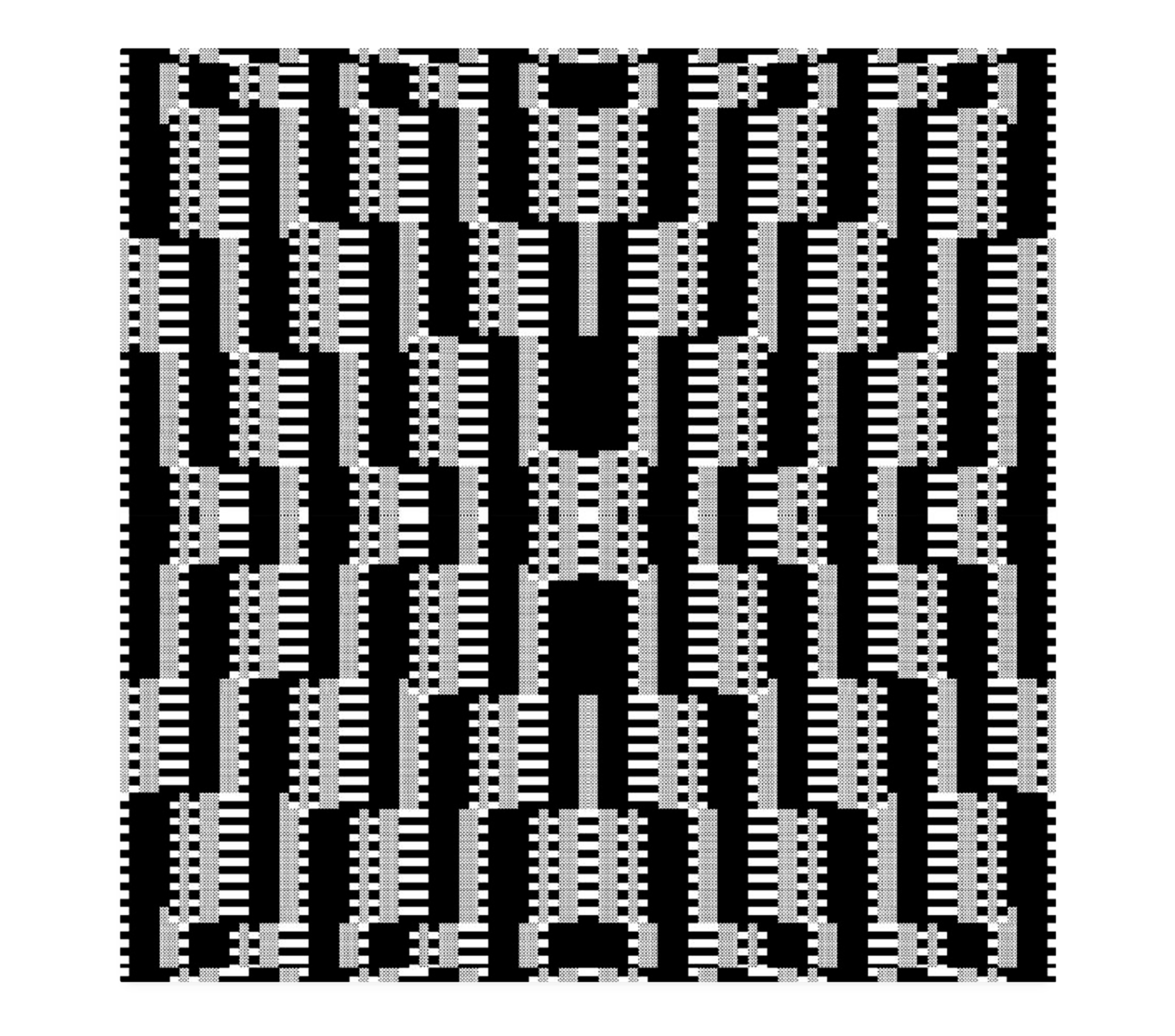 Irregular black-and-white composition where structured blocks fragment and dissolve into scattered pixel-like interruptions.