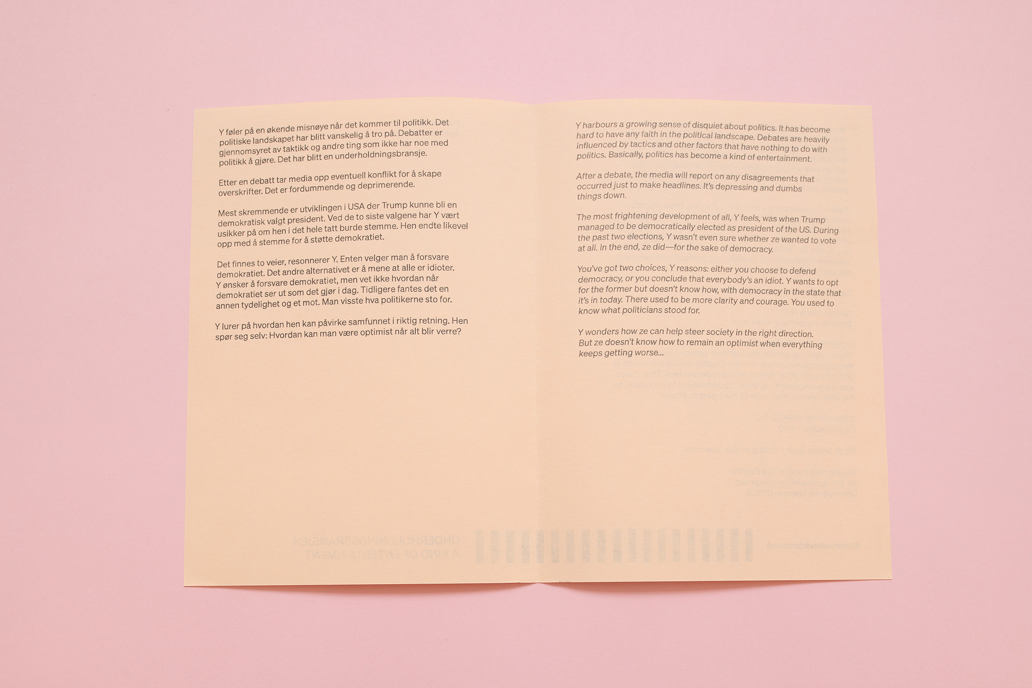 UNDERHOLDNINGSBRANSJEN
A KIND OF ENTERTAINMENT
7/10
Political Confessions (publication)
Photo: Bjarte Bjørkum