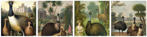 emu like birds and figures that are not quite human in a garden