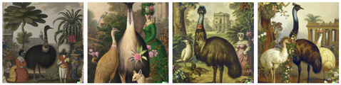 Emu like birds in a garden setting, with strange figures that are not quite human