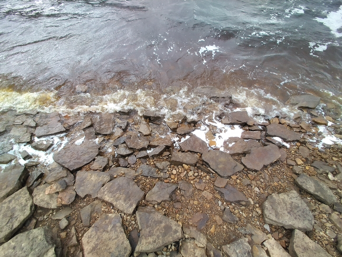 A photo displaying a curve at the meeting at the nebulous boundary of land and water. This and each subsequent photo show how the curves become more complex at each order of magnitude of magnification. Meanwhile, the notion of where land ends and water begins also increases in complexity.