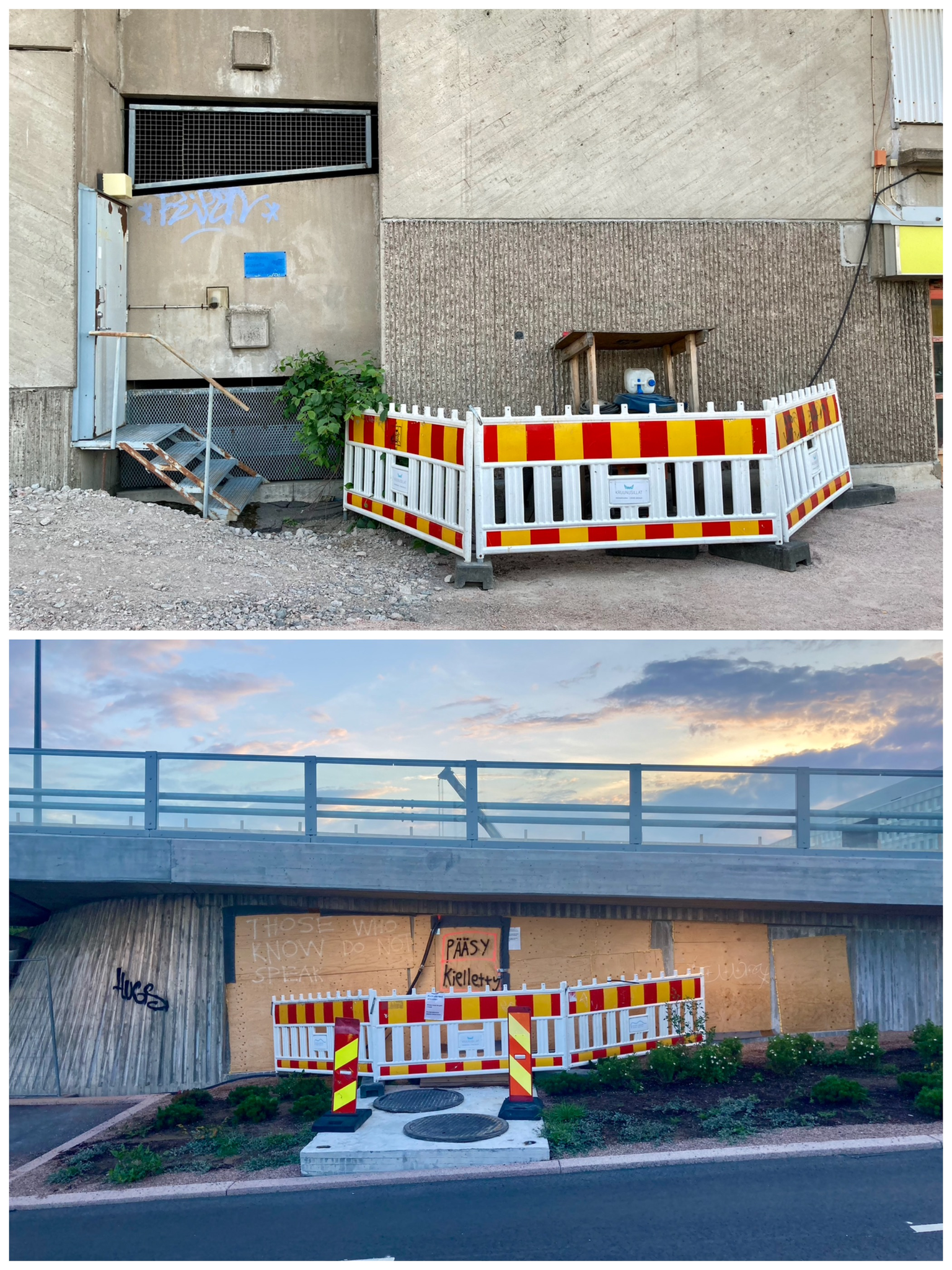 A photographic diptych with two images of street work, both showing an area enclosed by a fence.