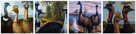 Three emu like birds with crowns on