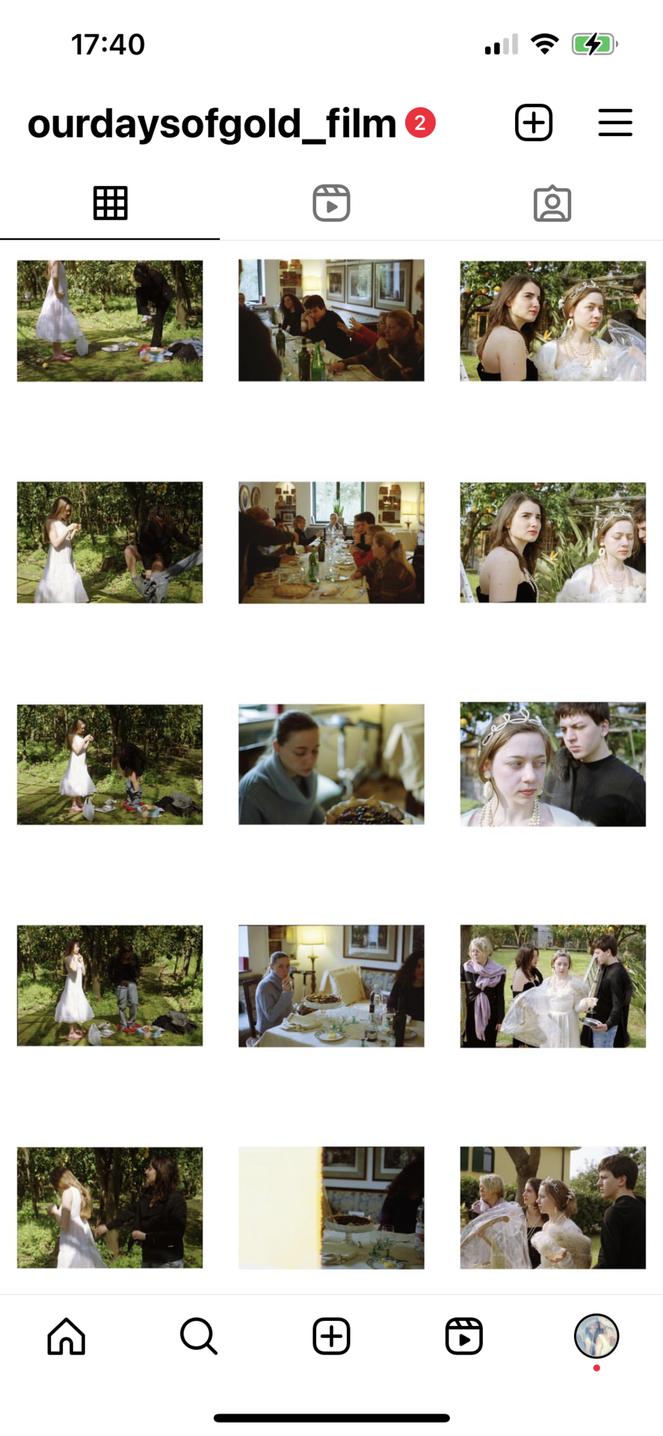 This Instagram grid shows fifteen photographs. Several images depict outdoor scenes with people in dresses, often in a garden or wooded setting. Other images show indoor gatherings around a dining table, with food and drinks visible. Some portraits focus on individual figures, such as a woman in a blue sweater holding a dish, and close-up shots of people in costume-like clothing with tiaras or jewelry. The grid alternates between indoor dining scenes and outdoor staged or candid moments, creating a mix of celebratory and everyday settings