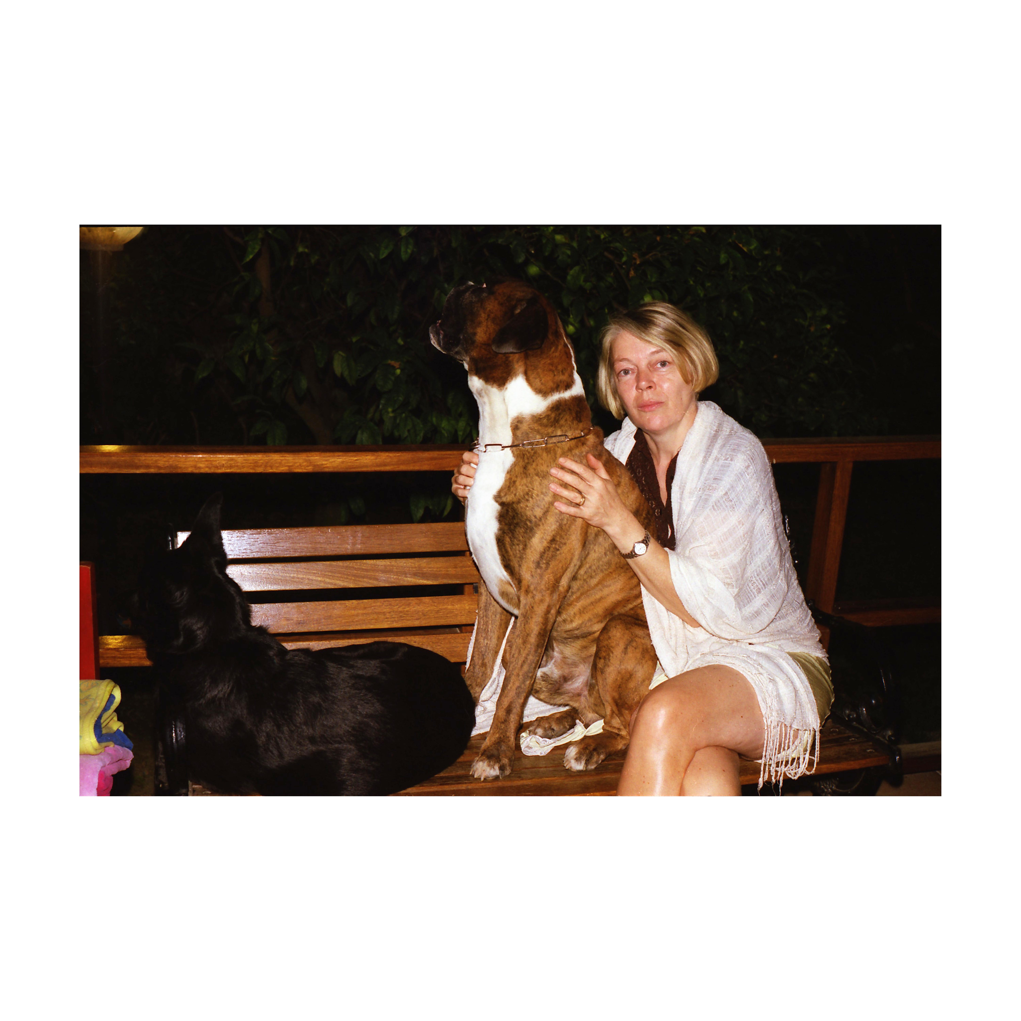 A woman sits on a wooden bench, wearing a light-colored shawl and short dress. She has one arm around a large brown and white boxer dog sitting beside her, while a black dog lies on the bench to her left. Behind them, there is a wooden railing and dark foliage in the background. A few folded towels are partially visible on the left edge of the image.
