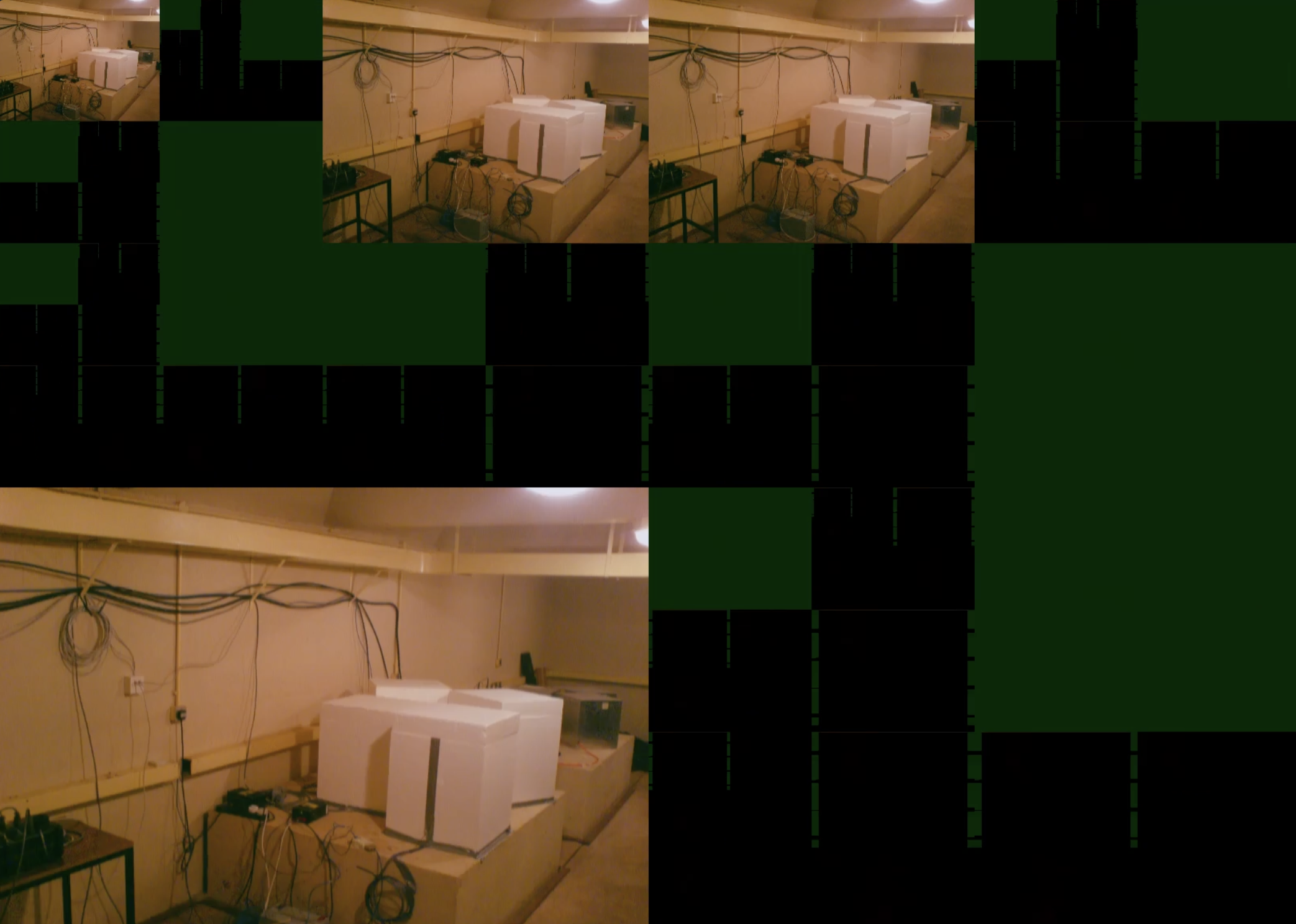 A still shot from the data visualisation piece Gate. The visualisation algorithm chaotically processes a public domain image of the ESK sensor vaults according to volume of current seismic activity reported by the sensors.