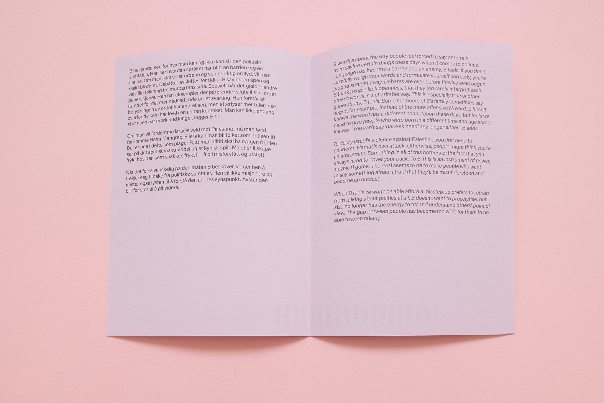 RYGGEN FRI
COVER YOUR BACK
4/10
Political Confessions (publication)
Photo: Bjarte Bjørkum