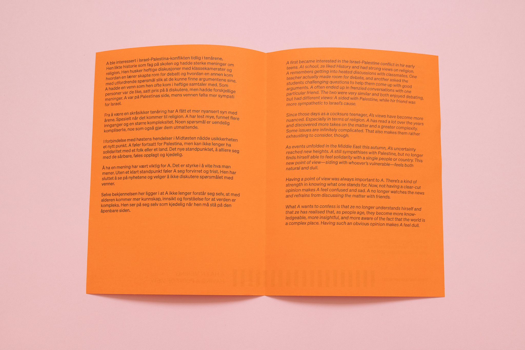 Å HA EN MENING
HAVING A POINT OF VIEW
KIND REGARDS, ANONYMOUS
3/10
Political Confessions (publication)
Photo: Bjarte Bjørkum