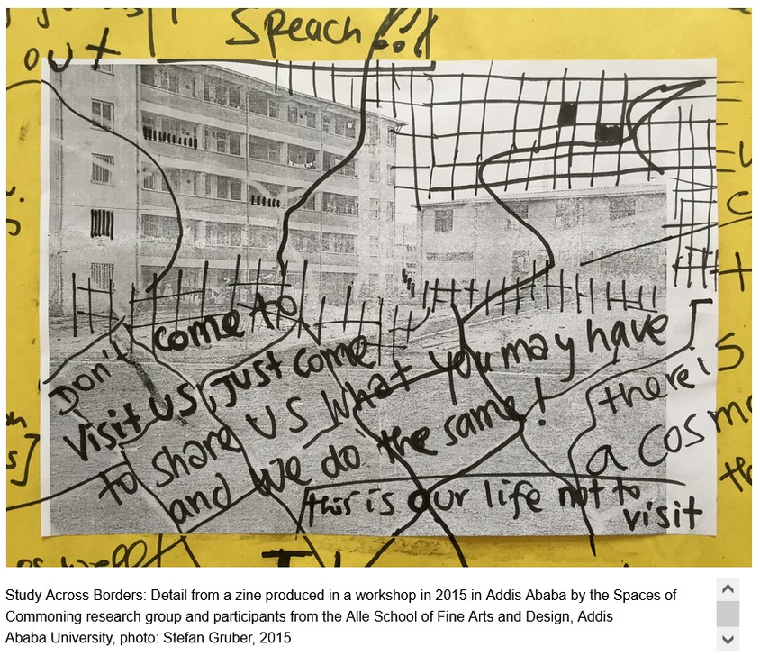 Detail from a zine produced in the framework of the Spaces of Commoning project: black writing in the front, a black and white photograph of houses in the background.