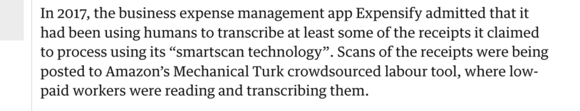 News clip of Solon, Olivia. “The Rise of ‘Pseudo-AI’: How Tech Firms Quietly Use Humans to Do Bots’ Work.” The Guardian, July 6, 2018. Accessed October 3, 2025.