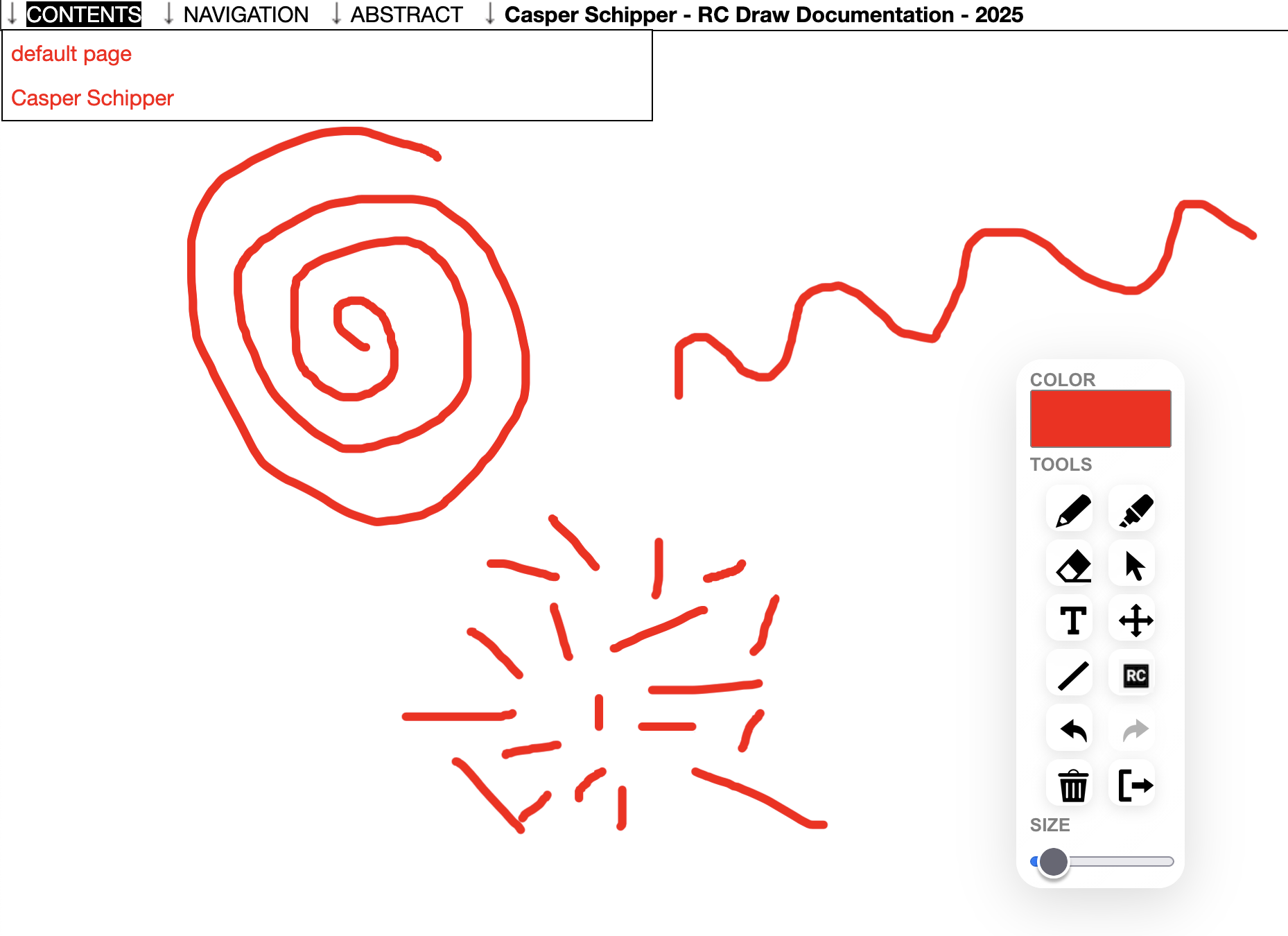 Exposition view with red shapes created by the RC drawing tool, there is a spiral, a zagged line and a cloud of short stripes, all red.