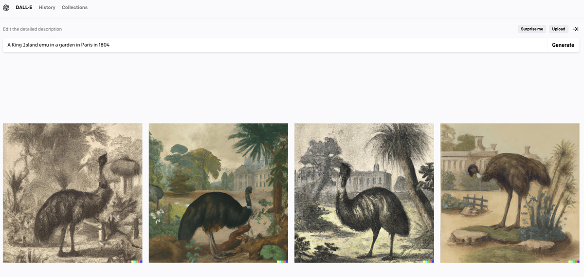 Image of dwarf emus in a garden in paris, generated by DALLE-2