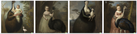 Oil painting like image with female figure that looks like both an adult and a baby, near birds that look like emus