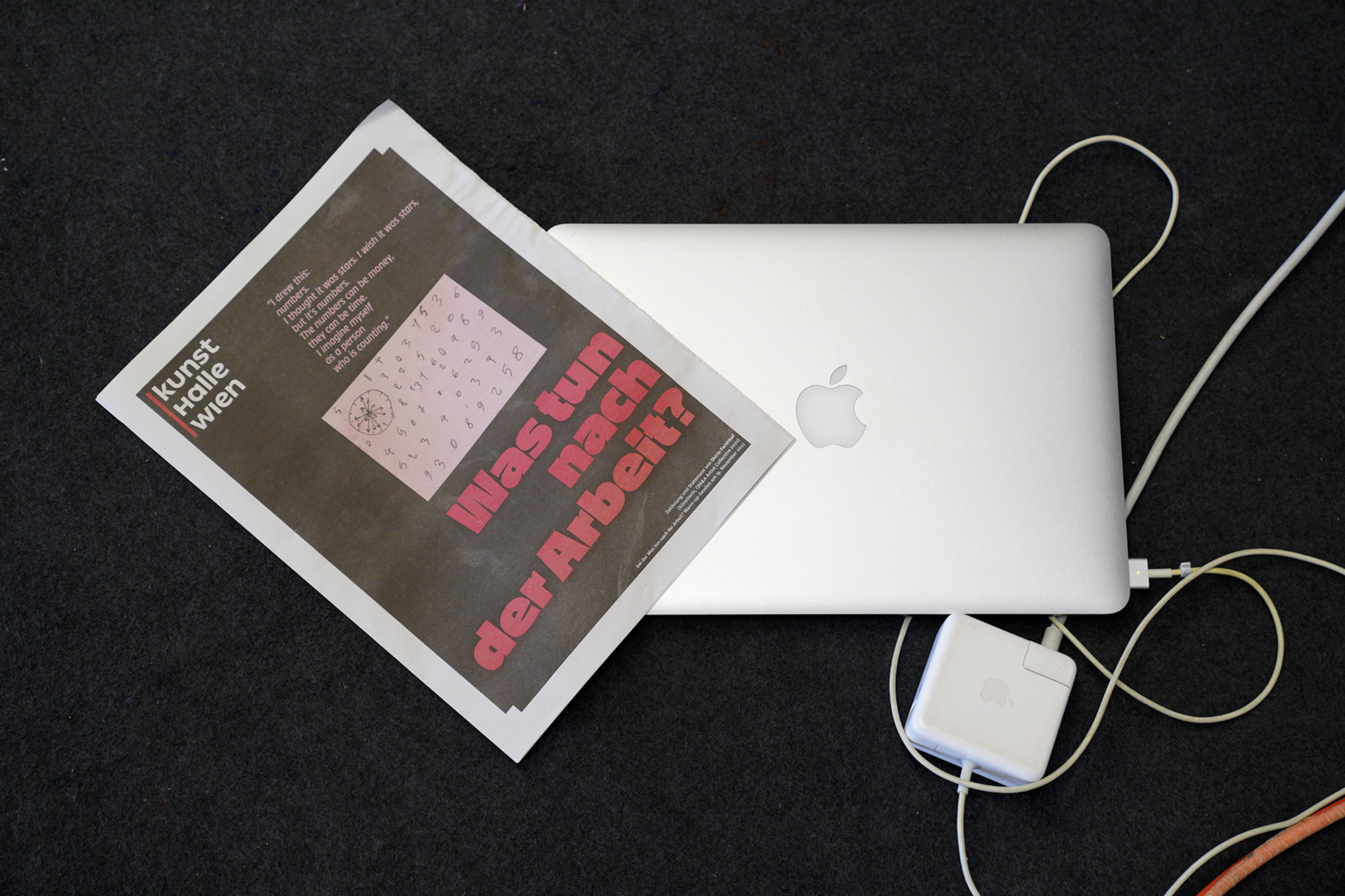 Image of Kunsthalle Wien newspaper. On the cover is the question "What to Do After Work?". The newspaper is placed on top of a laptop.