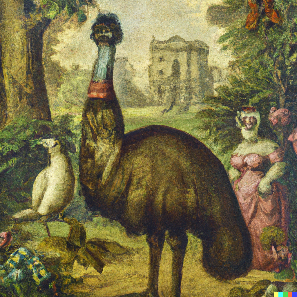 AI generated image with three figures in a garden, two look like birds, one appears human in a pink dress but with fur for skin