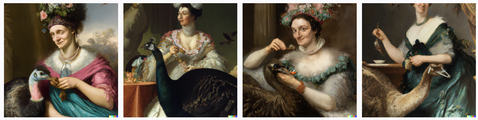 Oil painting style images of a woman with an emu eating or or holding a plate of food, with indeterminant food items