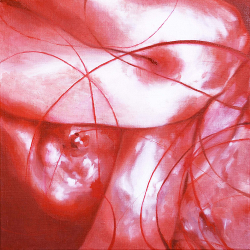 Red monochrome painting, depicting the symbiosis of the bathroom ambience and the mental and physical corrispondance of the body