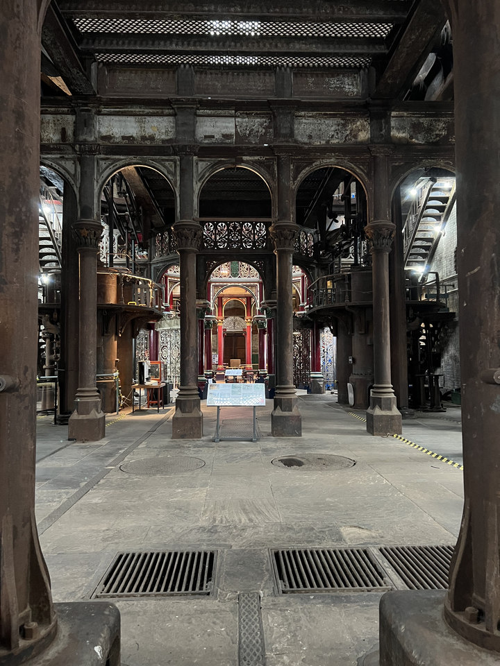 a view from the unrestored end of the beam engine house at Crossness looking towards the restored end