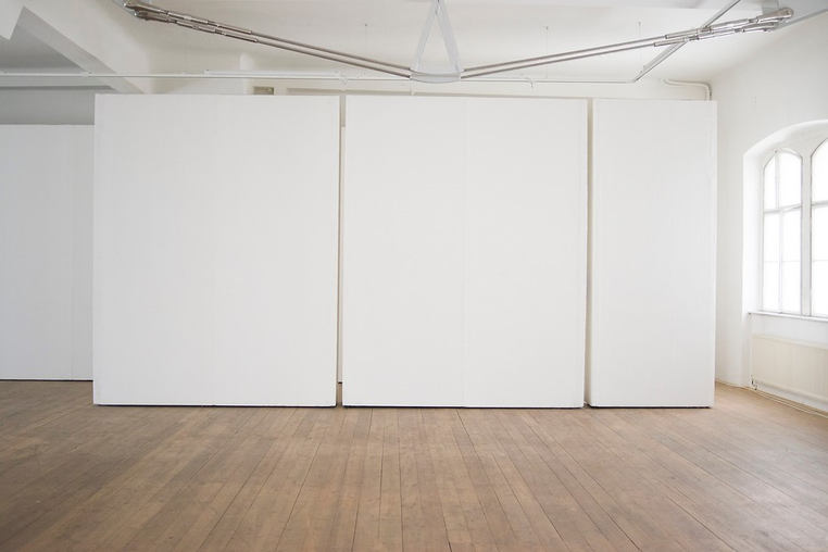 Photo of a room with wooden floor and a white exhibition wall segmented in 3 sections. Name of the exhibition is "Sound effects on humans and animals".