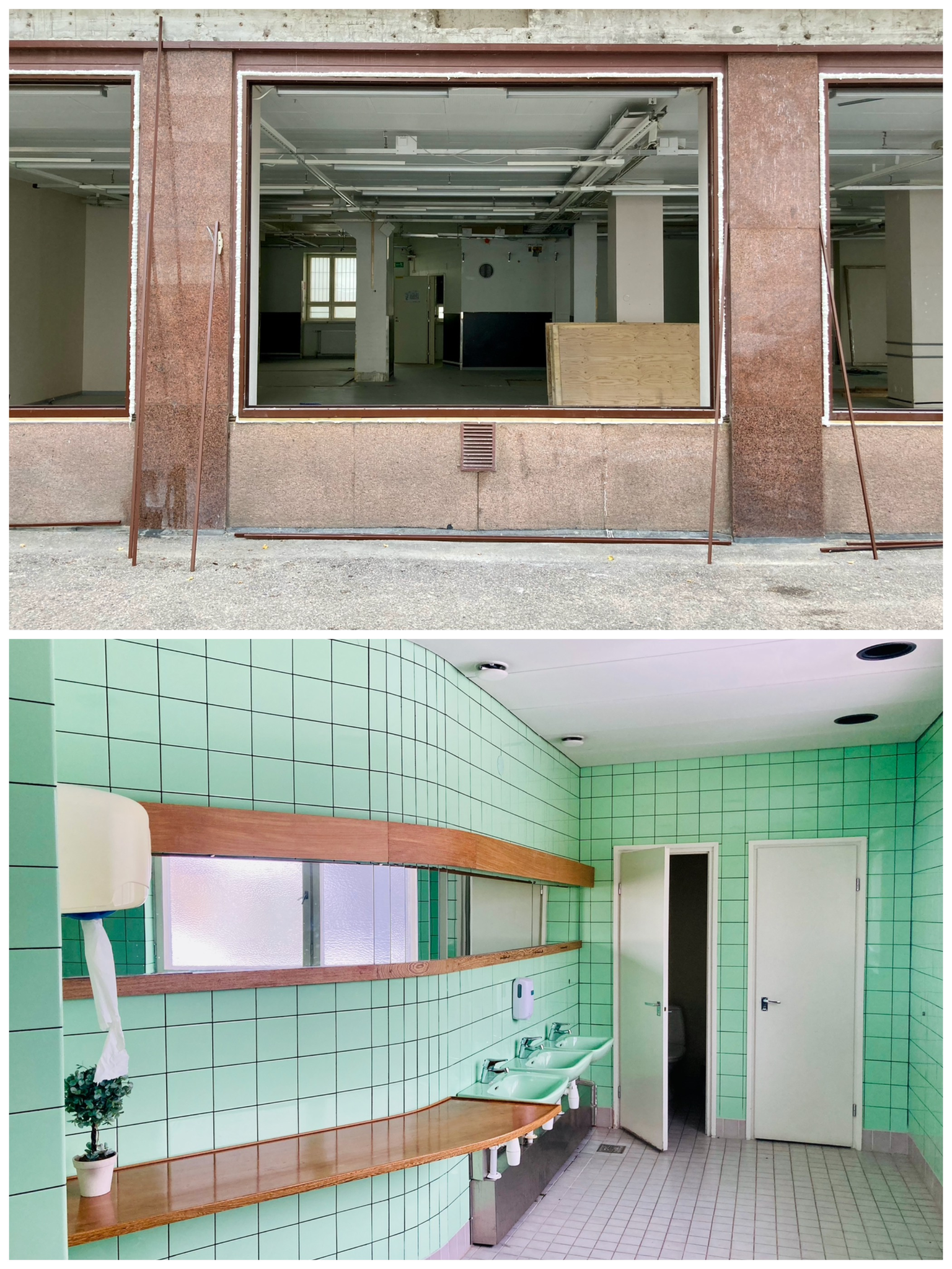 A photo-diptych with a picture of an empty commercial building above and a picture of an empty public toilet with mint green tiles below.