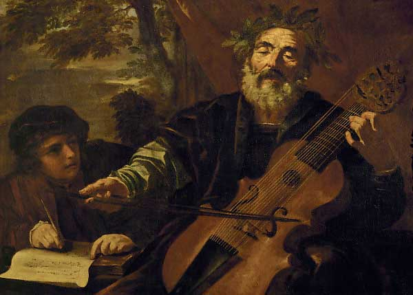 Pier Francesco Mola (1612-1666): Homer. Homer is playing renaissance lira da gamba.