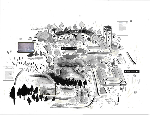 Black and white drawing of a map of the Friedrichshof.