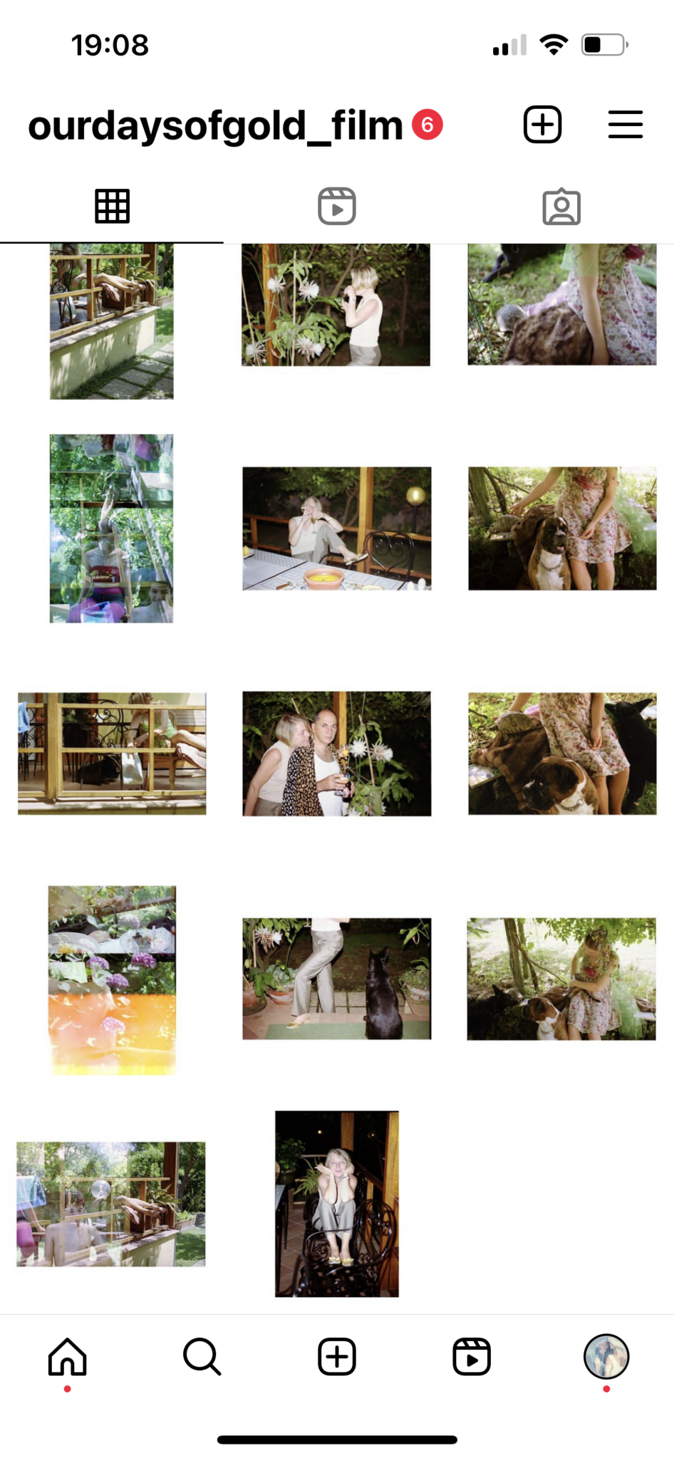 This Instagram grid shows fifteen photographs arranged in a 3x5 format. Several images depict outdoor and veranda settings, with people seated, standing, or interacting with plants and dogs. Some photographs show night scenes with strong flash lighting, highlighting flowers (including blooming epiphyllum) and figures. Others show daytime garden scenes, with individuals sitting or standing beside dogs, or near plants and flowers. One image includes a double exposure with overlapping figures and hydrangeas, while another shows a woman sitting on a chair at night, directly facing the camera. The sequence alternates between candid portraits, domestic details, and staged outdoor moments.