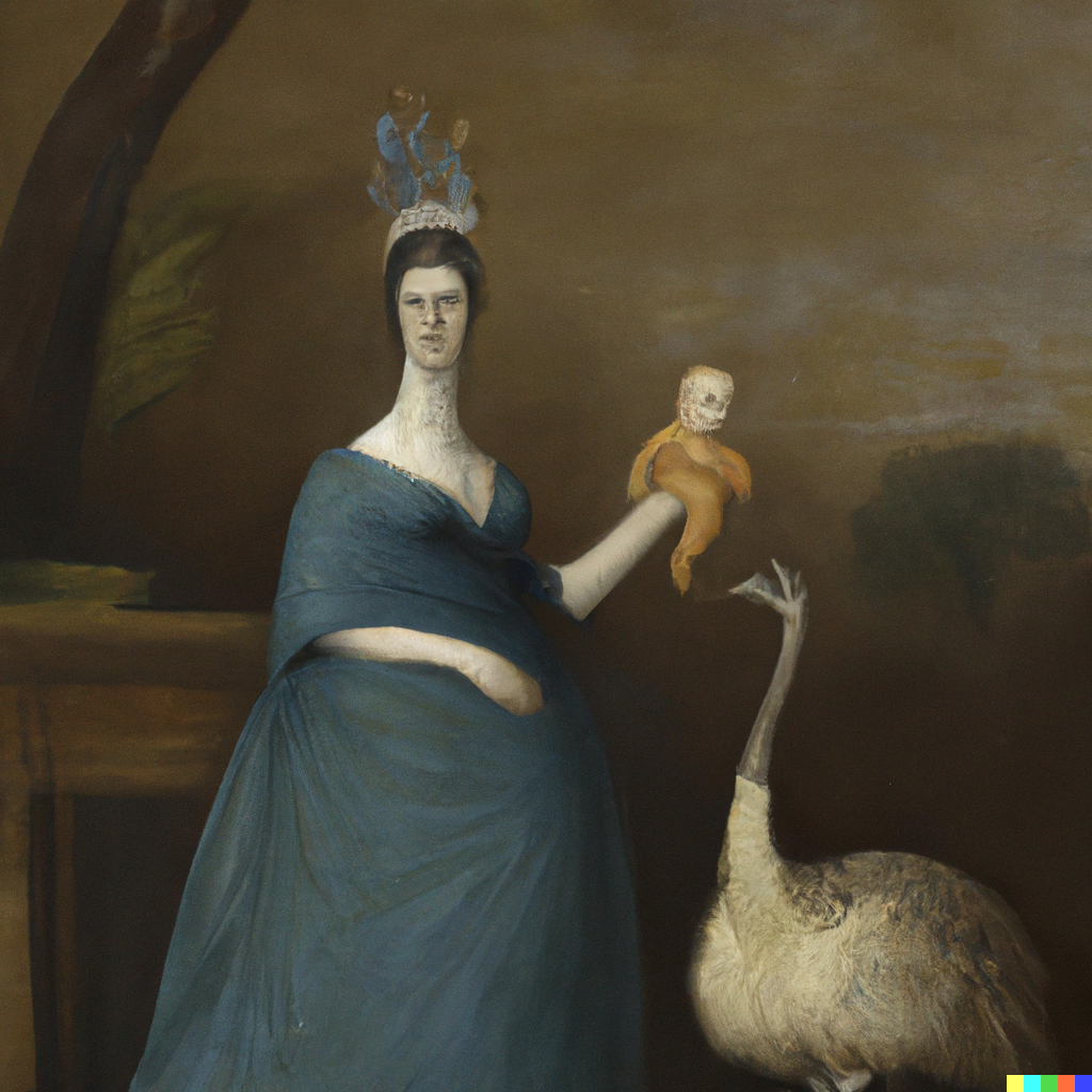 DALL•E 2 generated image in the style of an oil painting, a woman in a blue dress holds a baby with a skull head in one hand, with a bird next to her