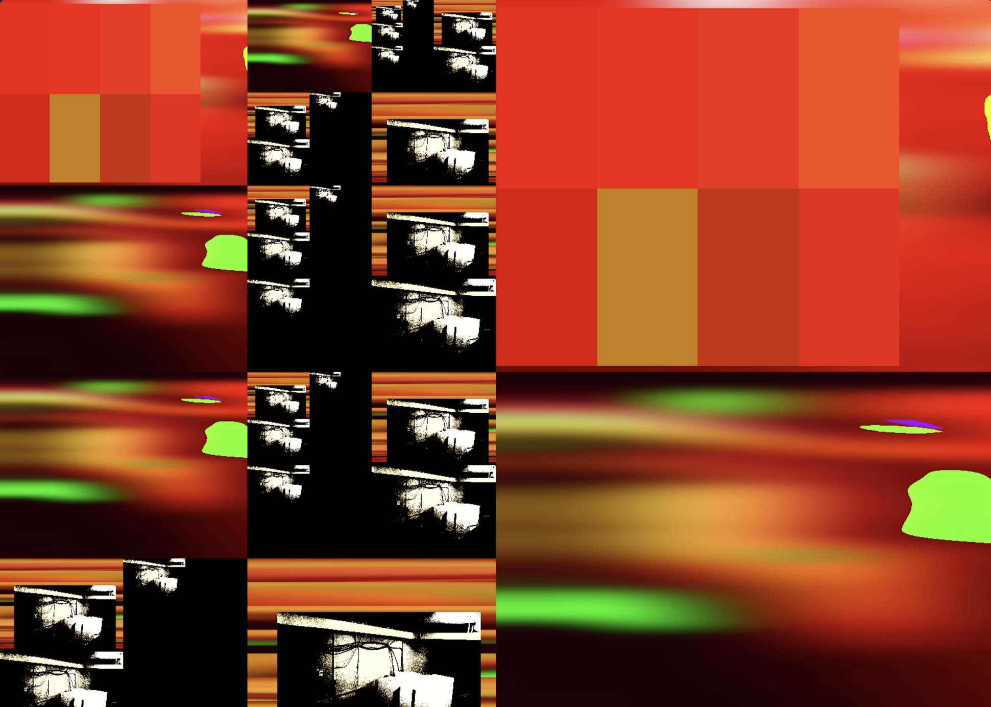 A still shot from the data visualisation piece Gate. The visualisation algorithm chaotically processes a public domain image of the ESK sensor vaults according to volume of current seismic activity reported by the sensors.