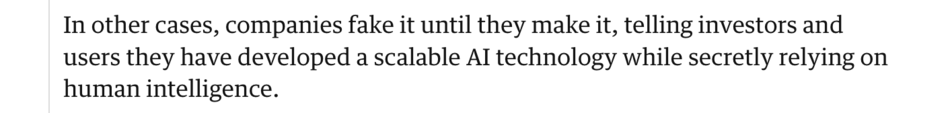 News clip of Solon, Olivia. “The Rise of ‘Pseudo-AI’: How Tech Firms Quietly Use Humans to Do Bots’ Work.” The Guardian, July 6, 2018. Accessed October 3, 2025.