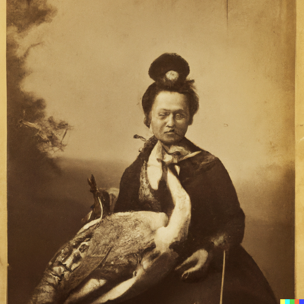 An albumen style image created by Dalle-2 with a seated woman holding what looks like a bird