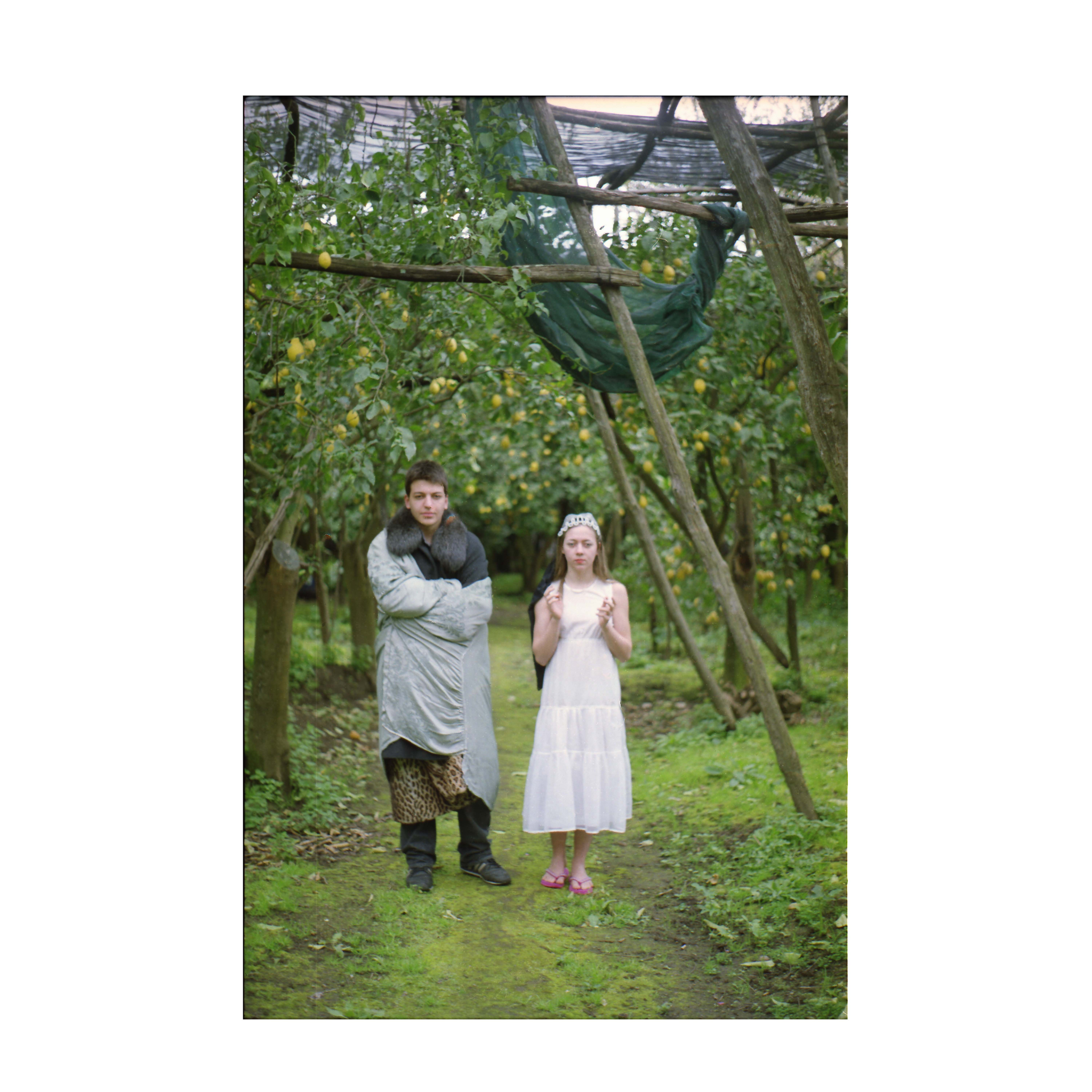 Two people stand in a grove of lemon trees. One is wearing a long coat with a fur collar and animal-print fabric visible underneath, while the other is dressed in a white dress with a crown-like headpiece. Wooden supports and netting are visible above them.
