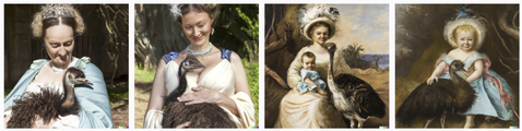 Images somewhere between a photograph and a painting of women in period costume dresses holding strange looking babies, with birds that look a little like emus nearby