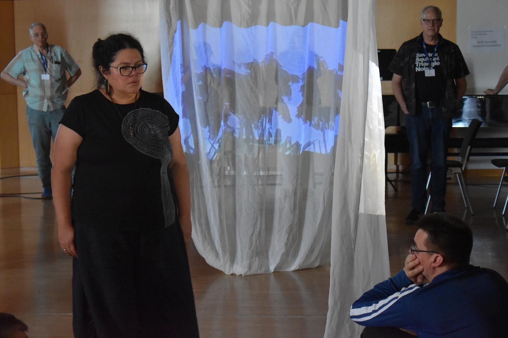 A projection of happy plants with a dusk sky background is projected on a semi-opaque curtain. People stand and sit, listening and watching the audio-visual installation.