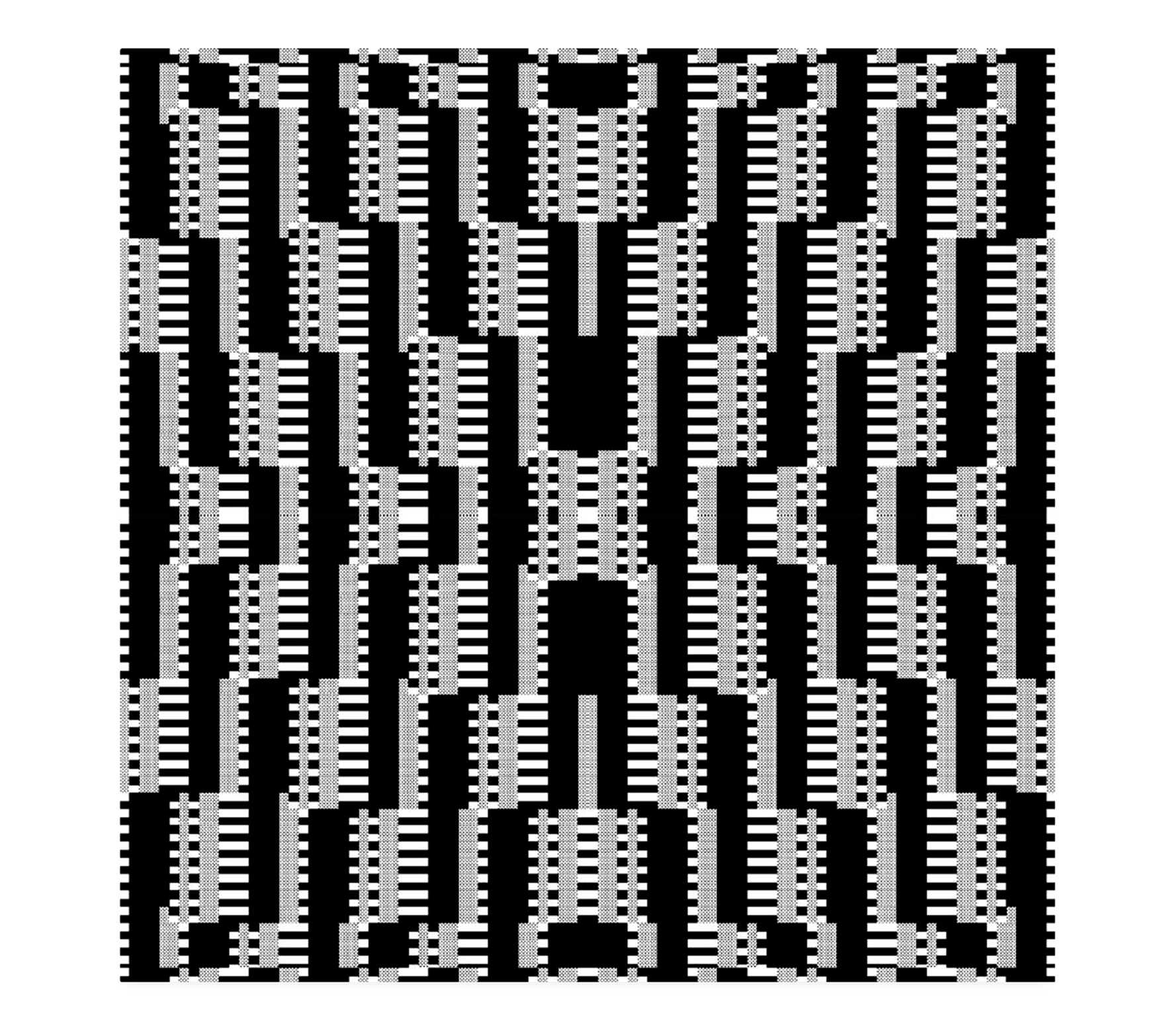 Irregular black-and-white composition where structured blocks fragment and dissolve into scattered pixel-like interruptions.