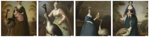 Oil painting style image of women in period costume dresses holding strange looking babies, with birds that look a little like emus nearby