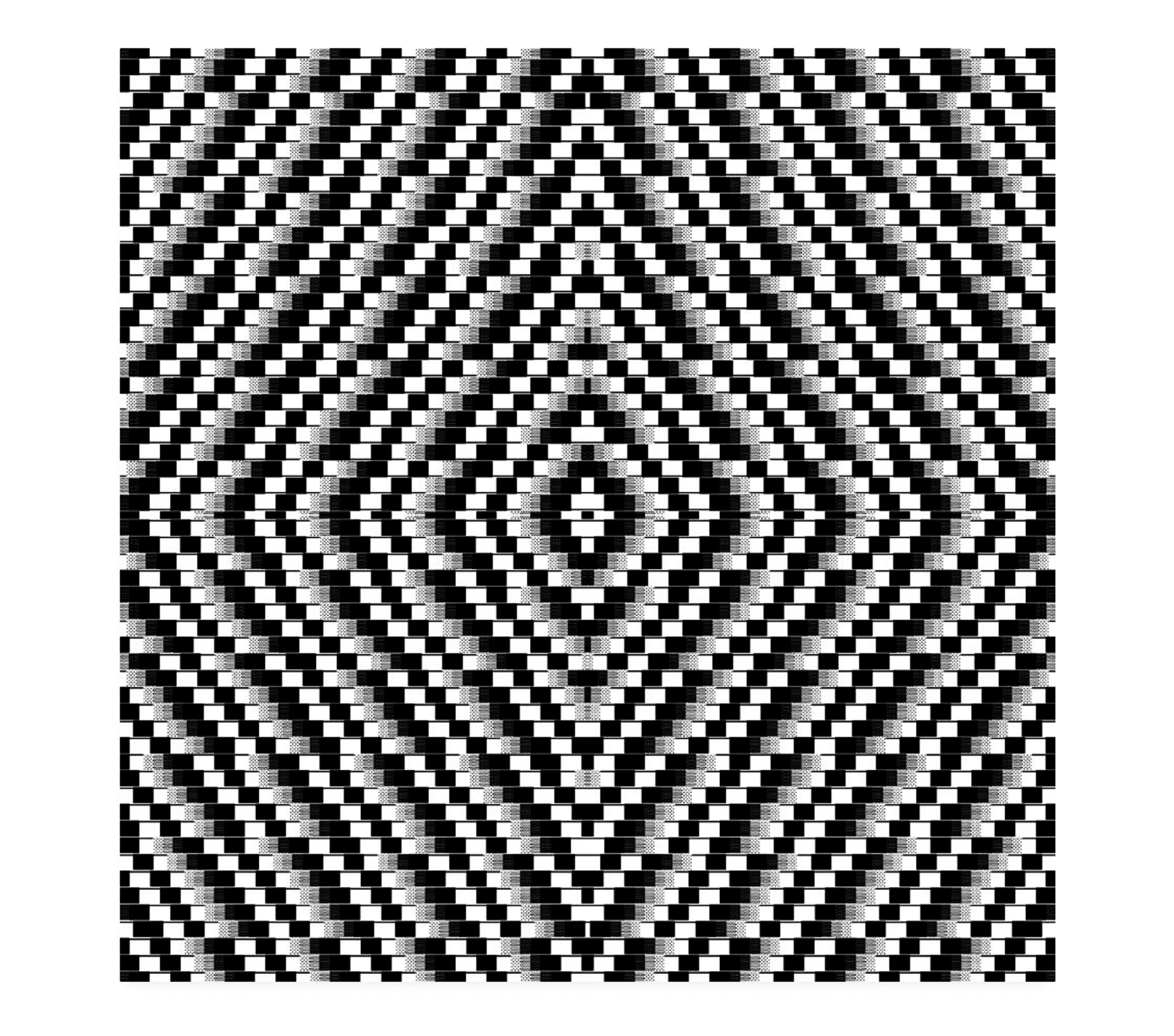 High-density black-and-white checker-like field composed of repeated modules forming symmetrical optical rhythms.