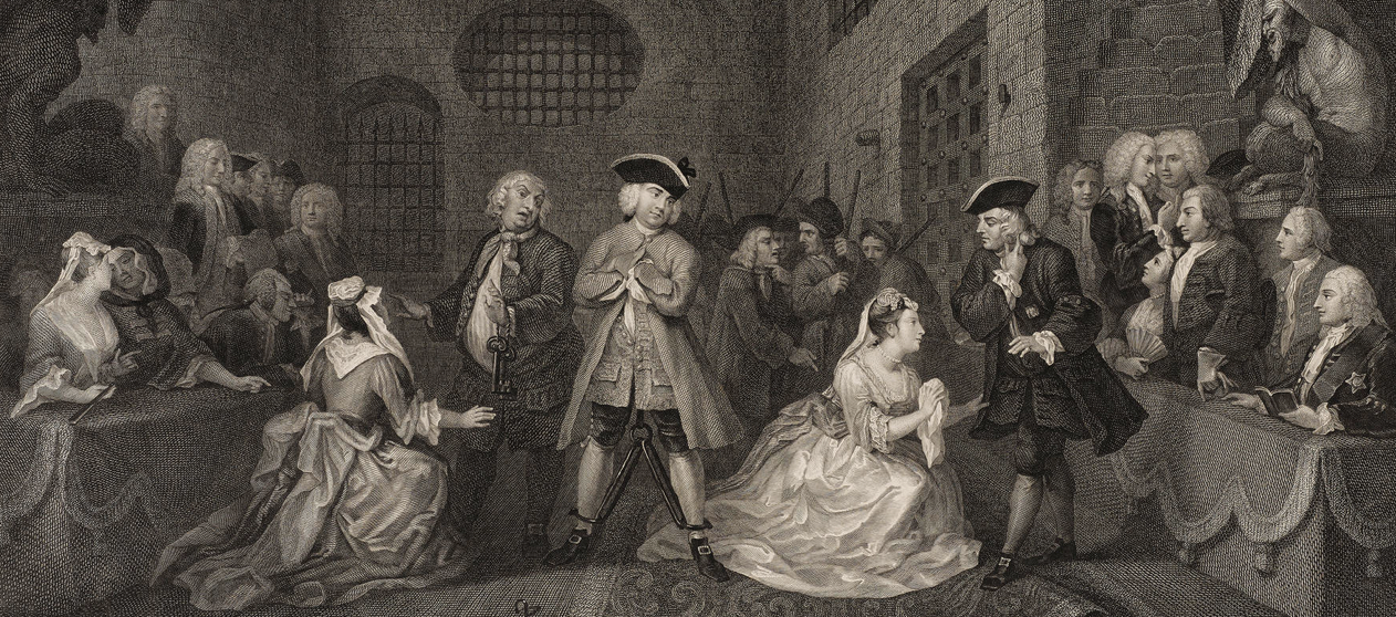 Print depicting scene from The Beggar's Opera, Act III, engraved by William Blake, after painting by William Hogarth, 1790, London, England. Museum no. S.44-2019