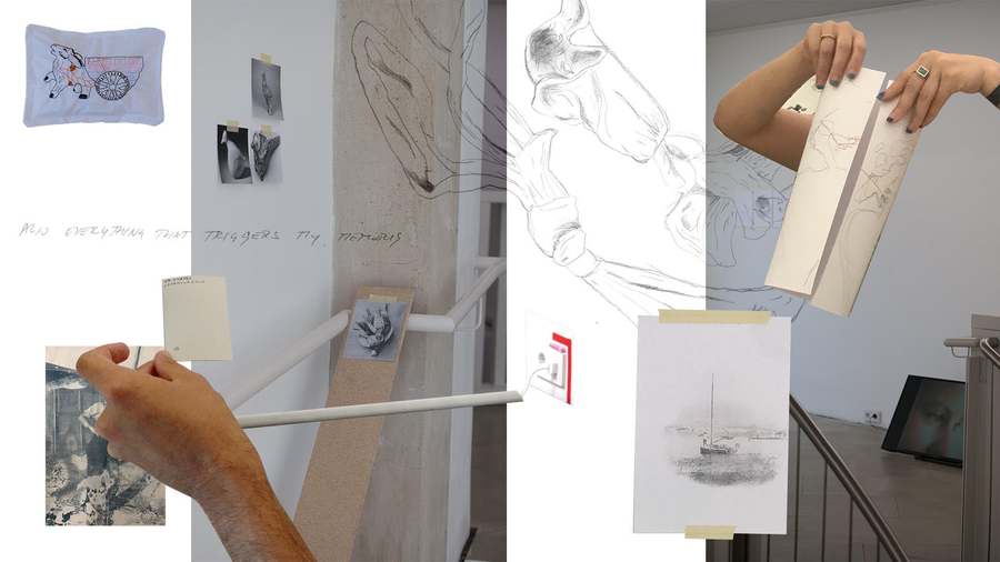 Collage of drawing, hands and installations.