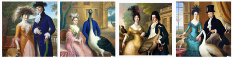 Oil painting like image with humans whose features are not quite right, and birds that look like emus