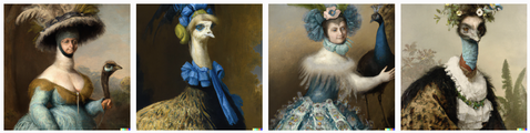 Strange images of women-bird hybrids in period style costume