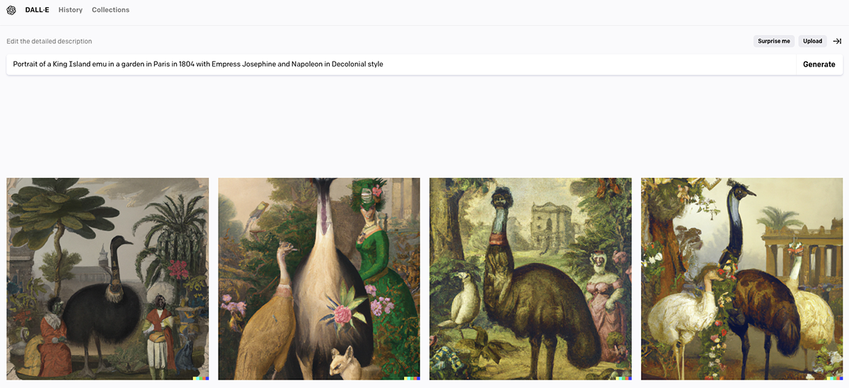 DALL-E 2 image of dwarf emus in a French garden